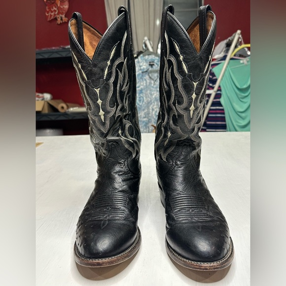 Tony Lama CT871 Black Genuine Smooth Ostrich Exotic Cowboy Western Boots 9D USA - Picture 3 of 15